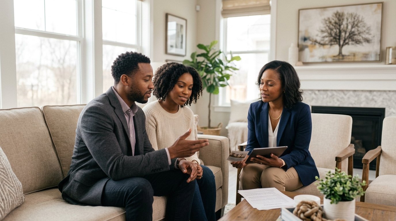 couple sits on a couch discussing property paperwork and digital listings with a real estate agent in a bright living room.