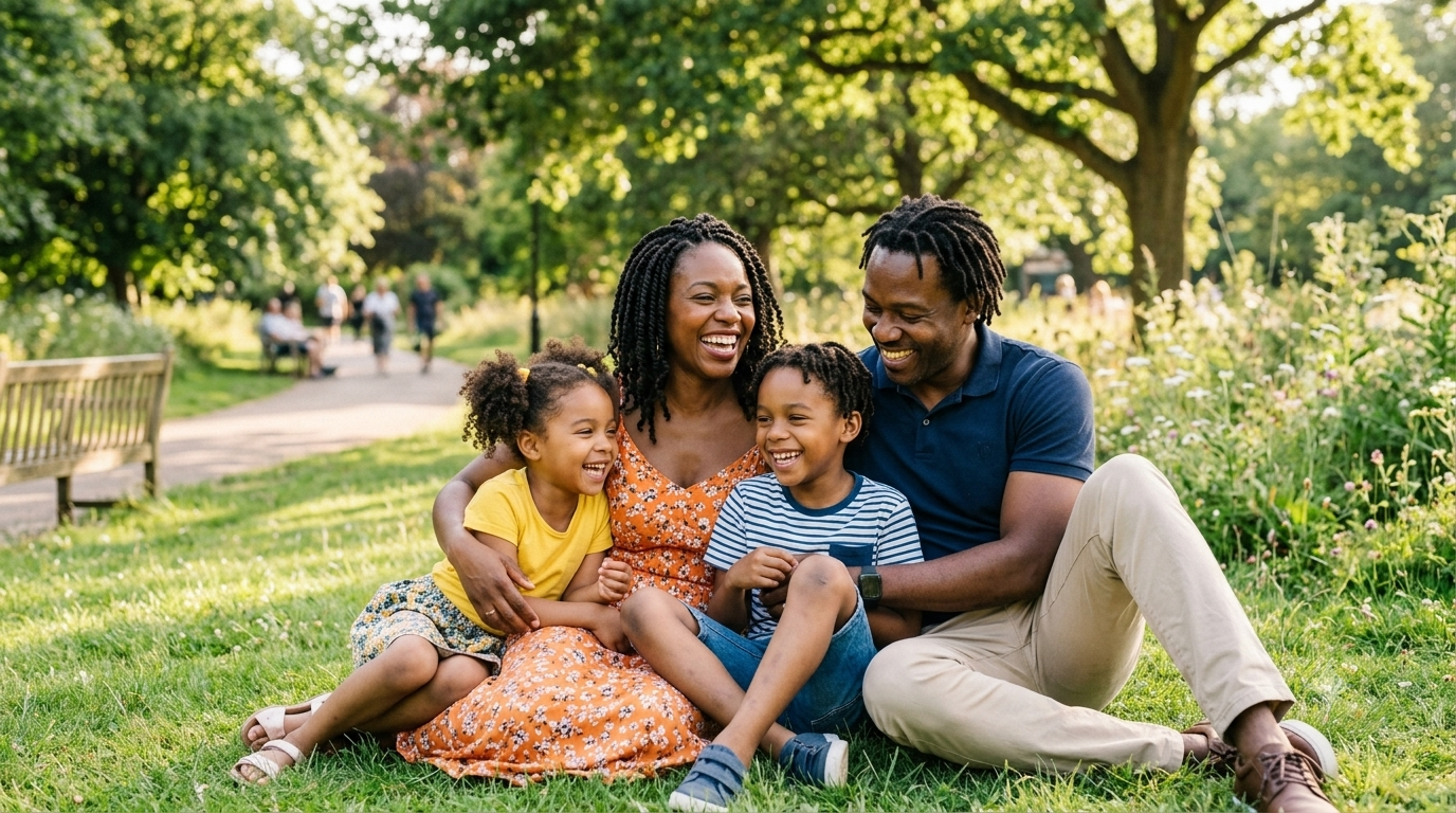 A Black family sitting on the grass in a park