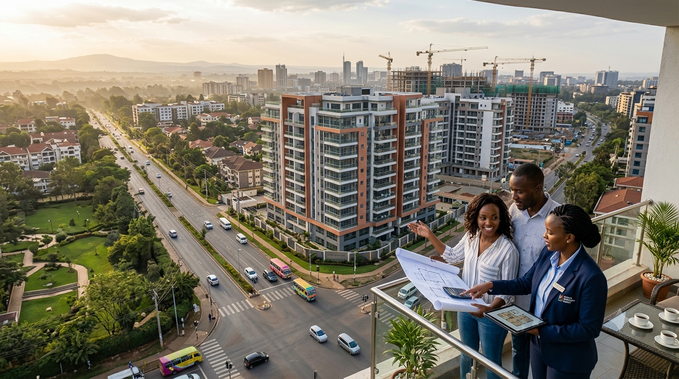 A real estate agent showing an apartment blueprint to a young Black couple on a high-rise balcony overlooking a modern residential neighborhood in Kenya.