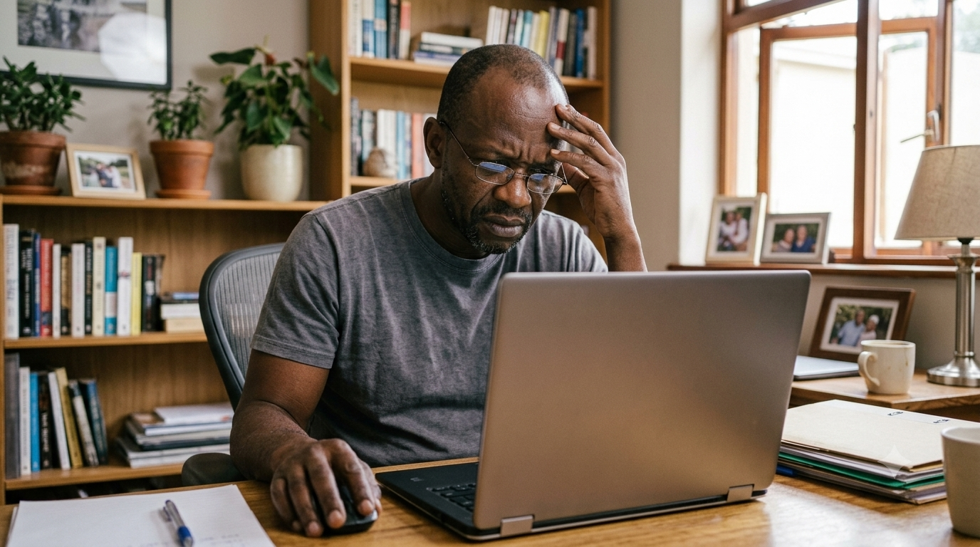 stressed man sits at a cluttered wooden desk in an office, holding his forehead while staring intently at a laptop screen.