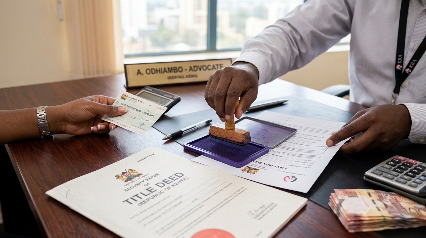 A Kenyan property lawyer stamps official documents, next to a title deed and cash, on a wooden desk