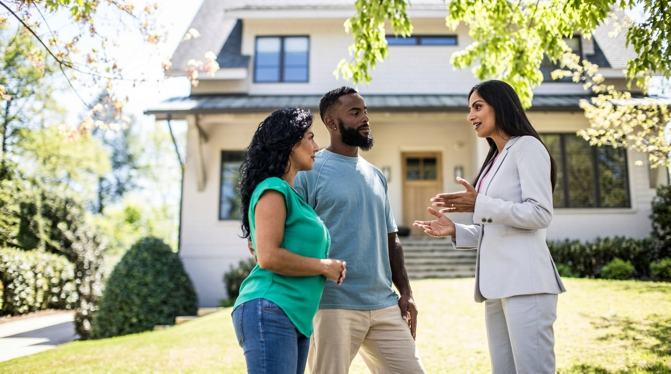 A professional real estate agent offering investment advice to a young couple outside a modern house