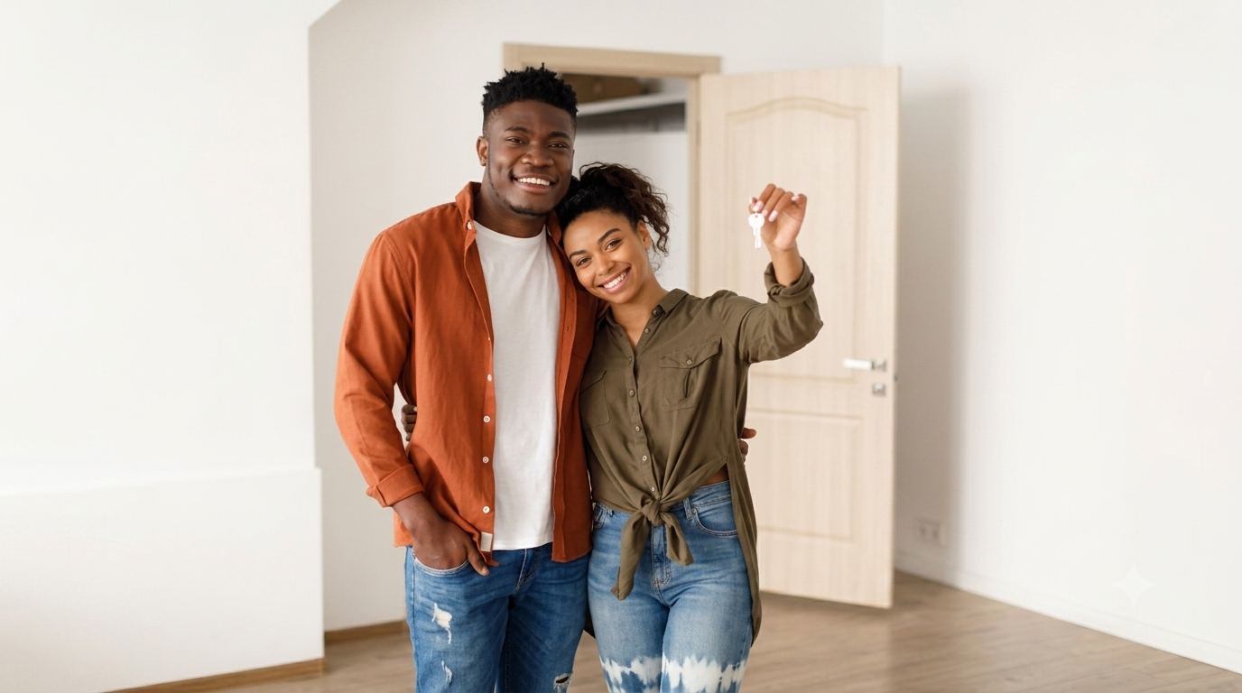 A happy young couple smiling and holding up the keys to their new apartment, celebrating a successful house-hunting journey.
