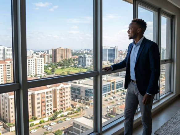 A young African professional looking out toward modern residential apartment buildings in an urban city center