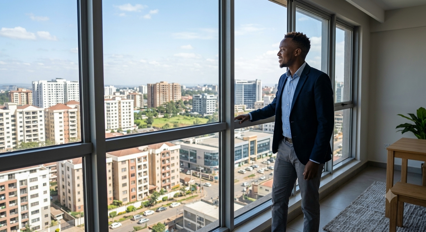 A young African professional looking out toward modern residential apartment buildings in an urban city center