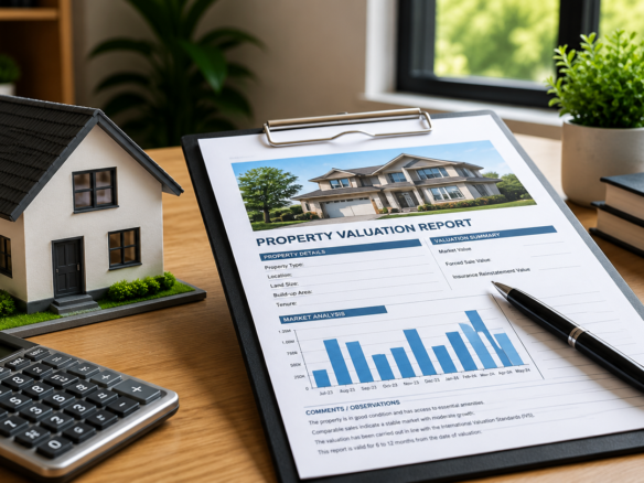 Property valuation report with a house model, calculator, and valuation documents on a desk.
