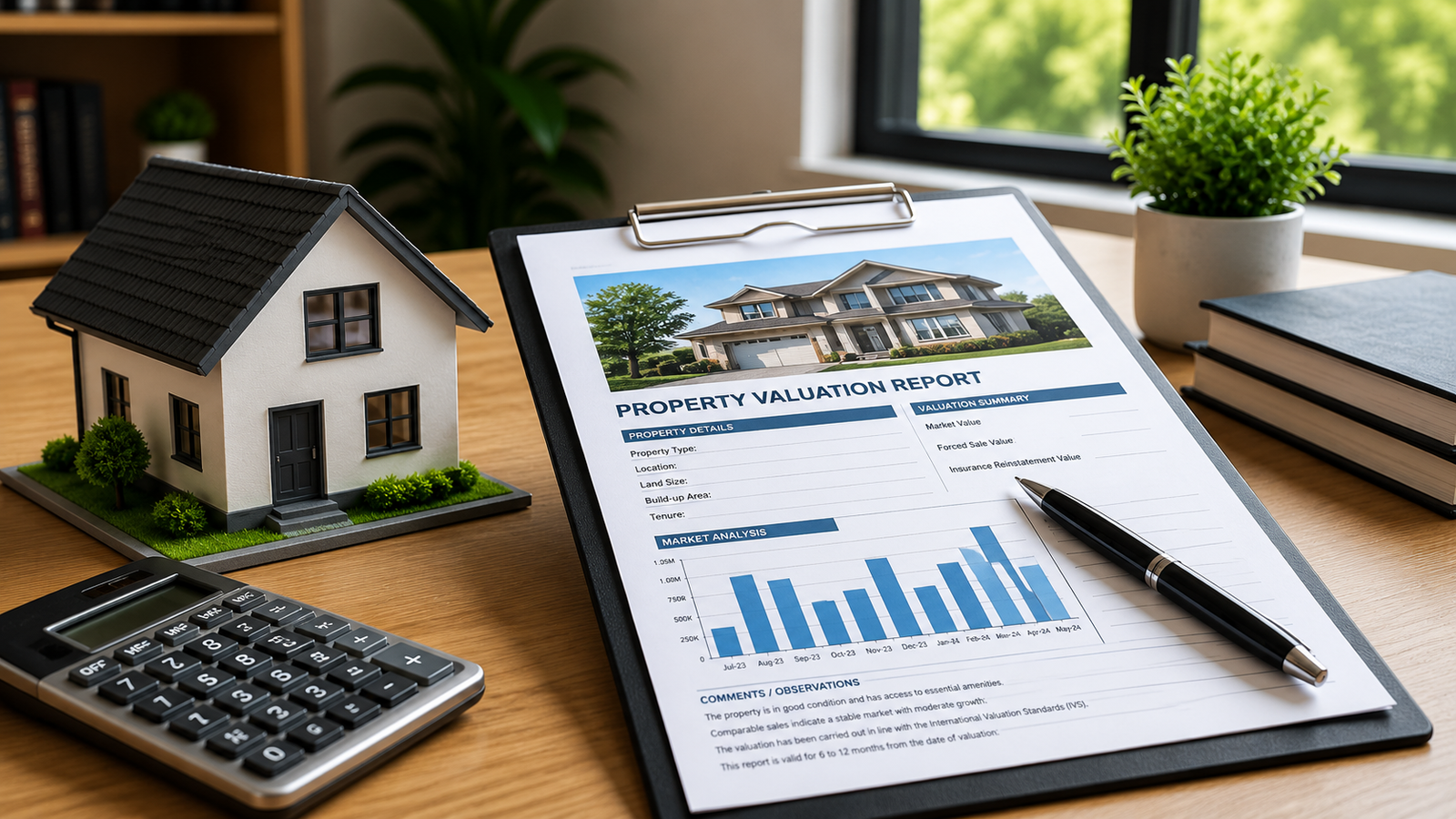 Property valuation report with a house model, calculator, and valuation documents on a desk.