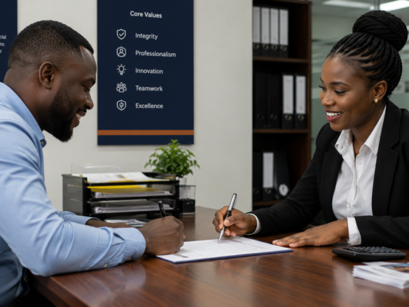 professionals signing documents during a mortgage consultation in an office