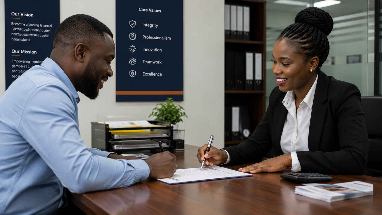 professionals signing documents during a mortgage consultation in an office