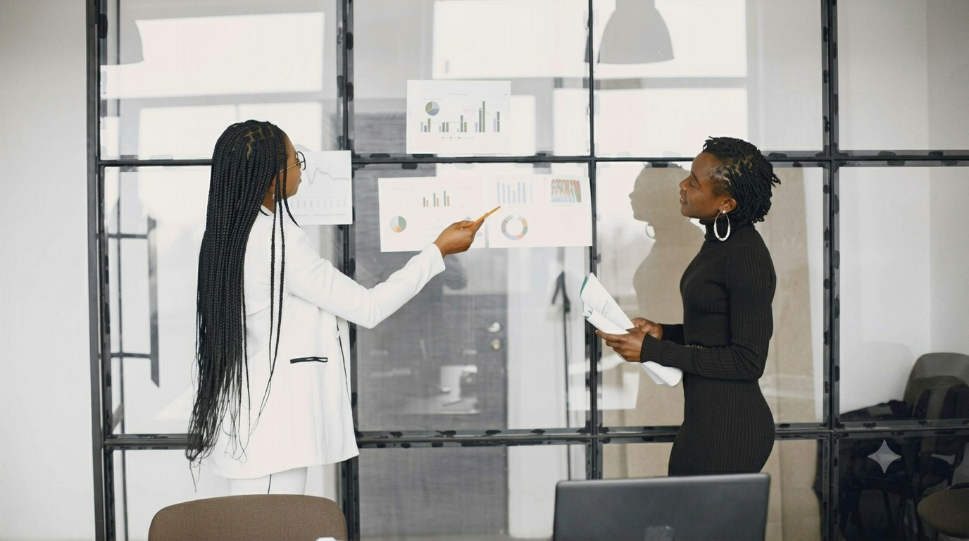Real estate agent analyzing market trends with a client