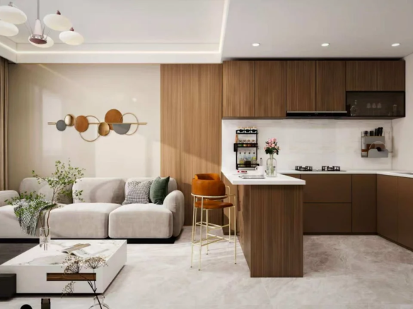 Open concept layout blending kitchen prep and living spaces