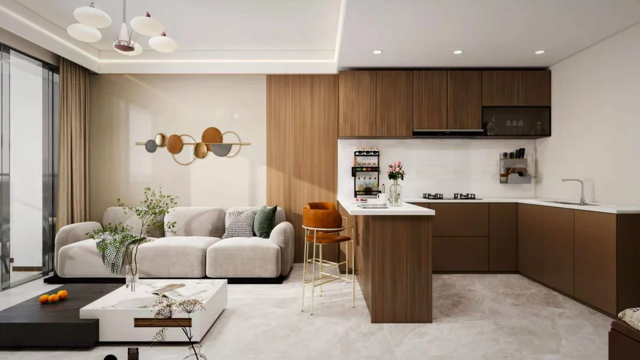 Open concept layout blending kitchen prep and living spaces