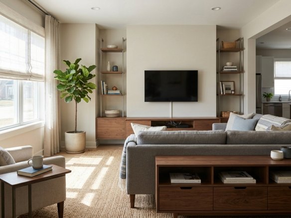 A bright, modern living room showcasing functional furniture layout and built-in storage.