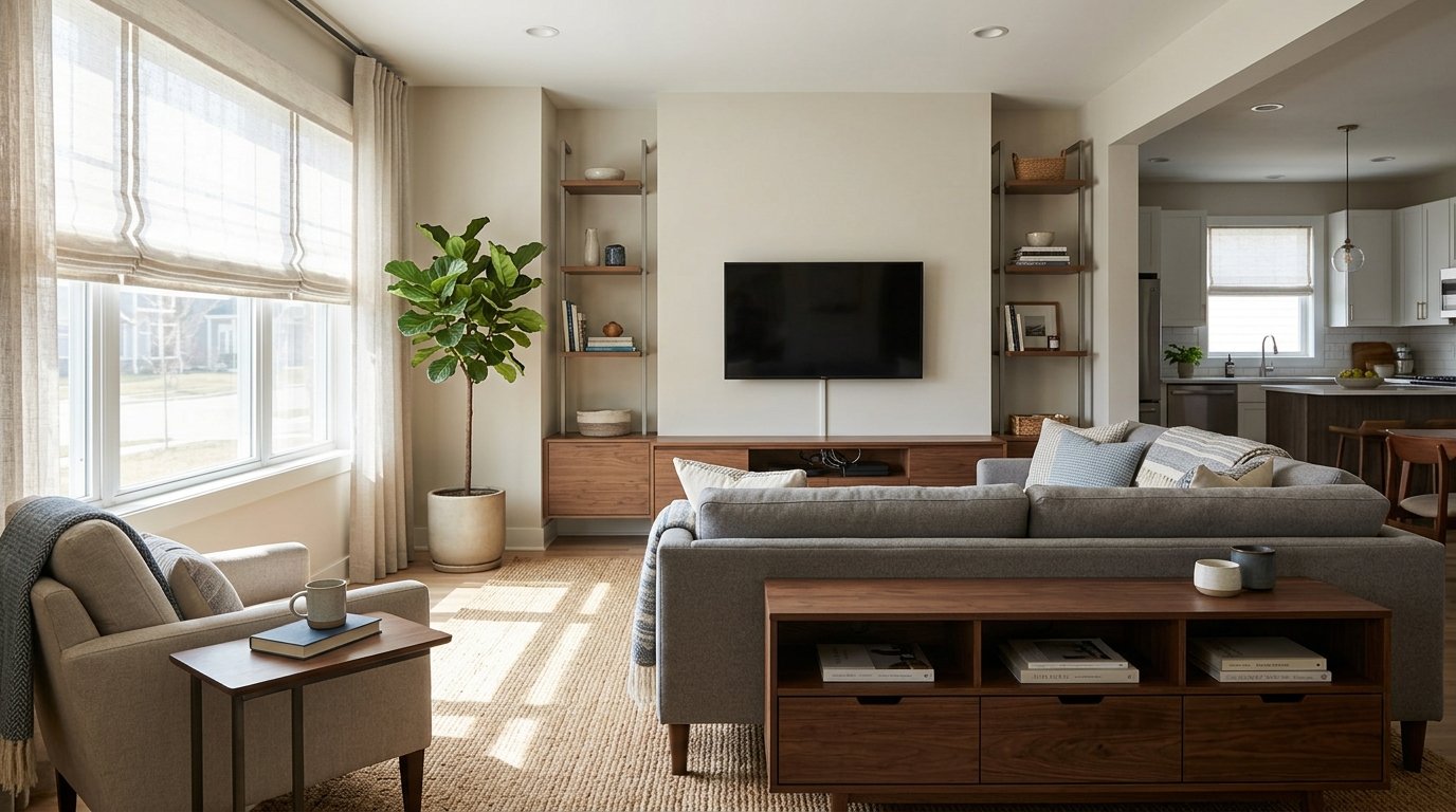 A bright, modern living room showcasing functional furniture layout and built-in storage.