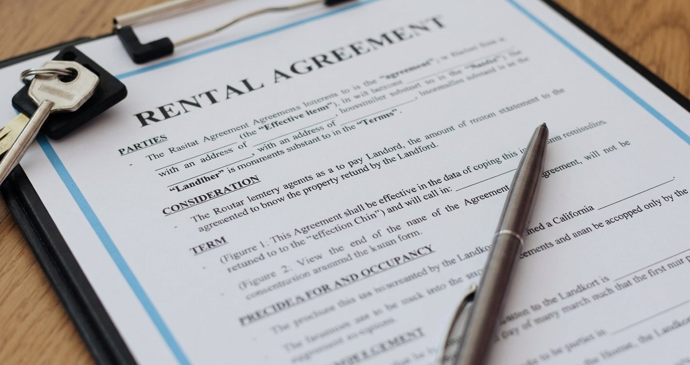 Tenant application form with financial documents, pen, and apartment keys on a modern desk