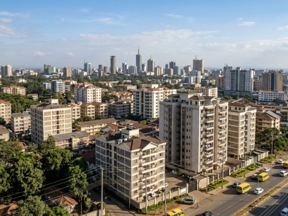 Panoramic aerial view of Nairobi residential estates and apartment developments illustrating housing options and rent affordability.