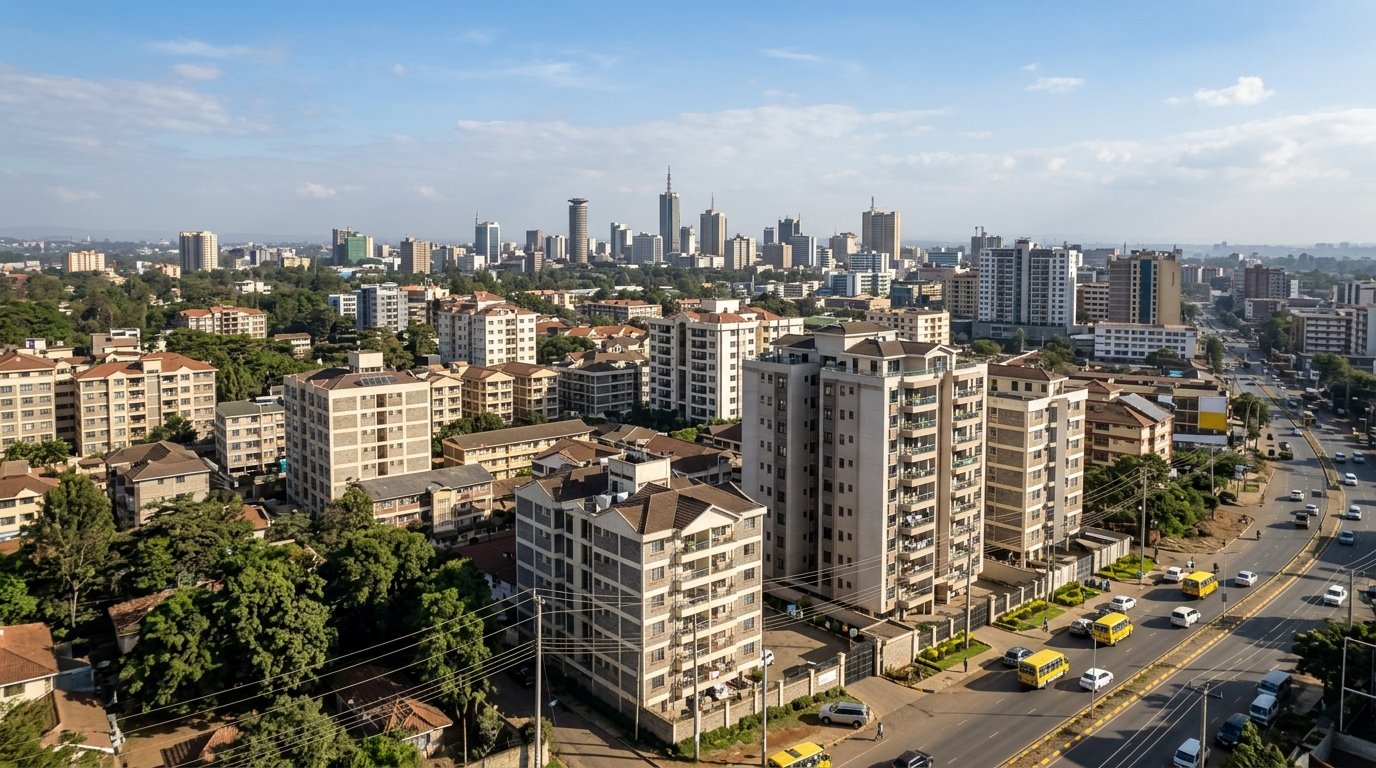 Panoramic aerial view of Nairobi residential estates and apartment developments illustrating housing options and rent affordability.