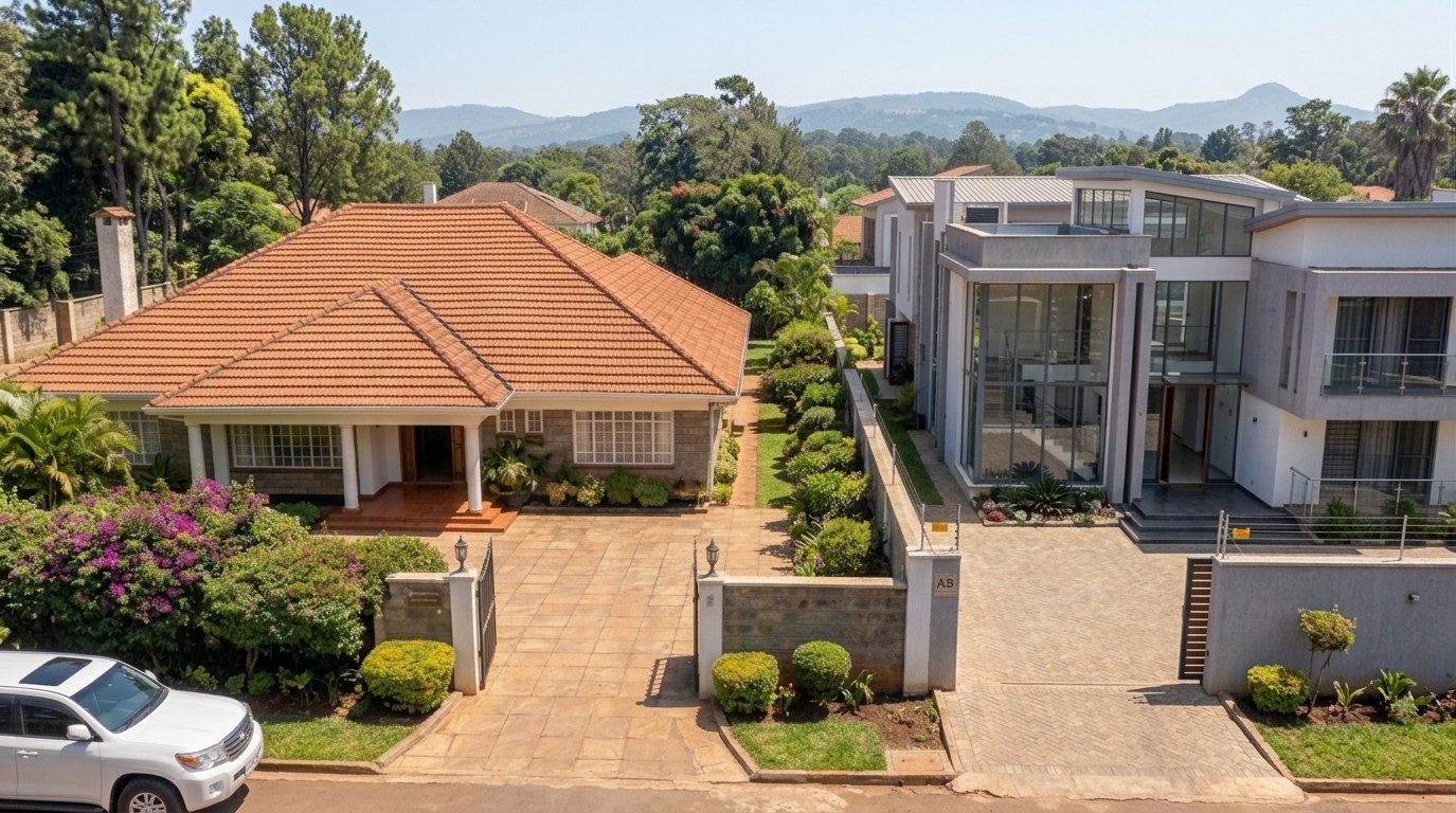 Older and modern homes side by side, showing different housing options for buyers in Kenya.