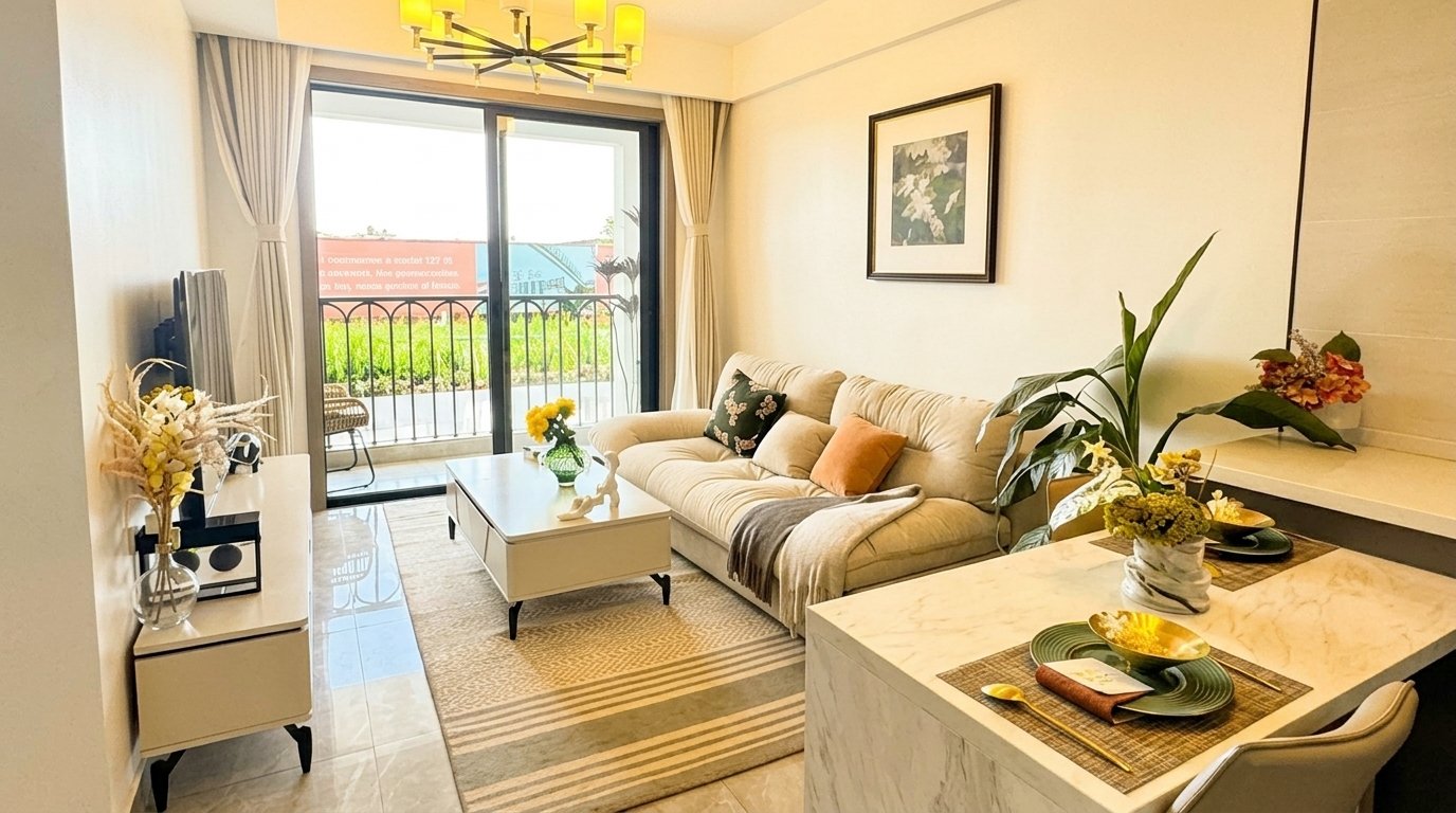 bright small living room neutral low profile sofa"