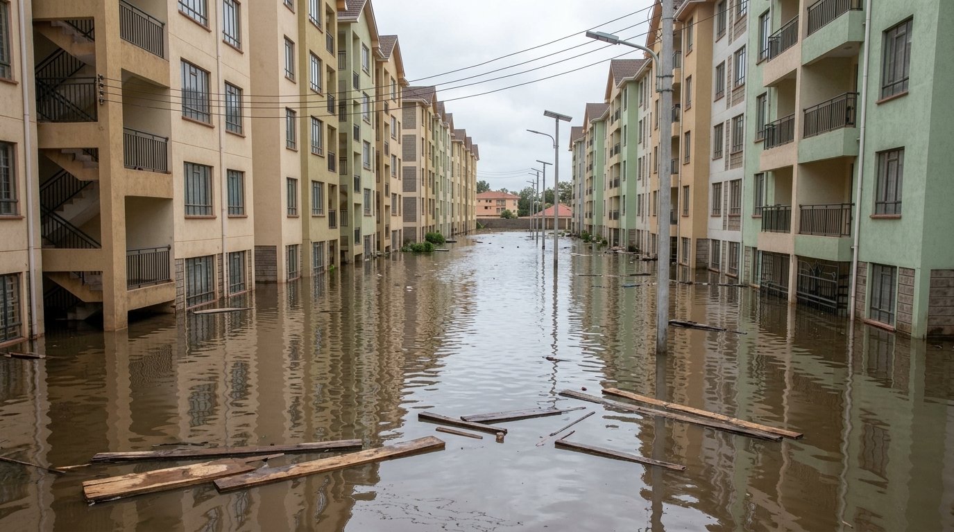 Submerged residential property and perimeter fences under deep floodwater from heavy El Niño rainfall
