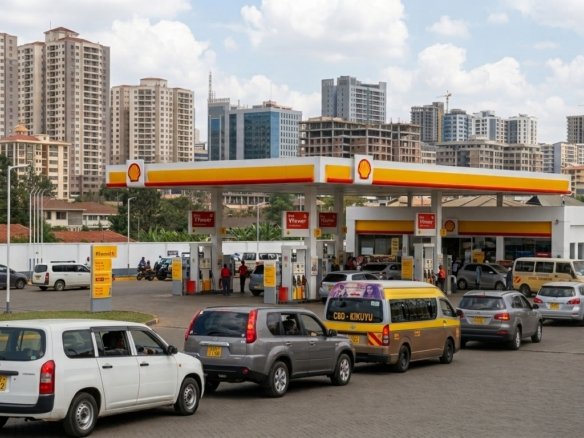 Vehicles and cars lining up to get fuel at a Shell petrol station, illustrating the impact of fuel prices on real estate.
