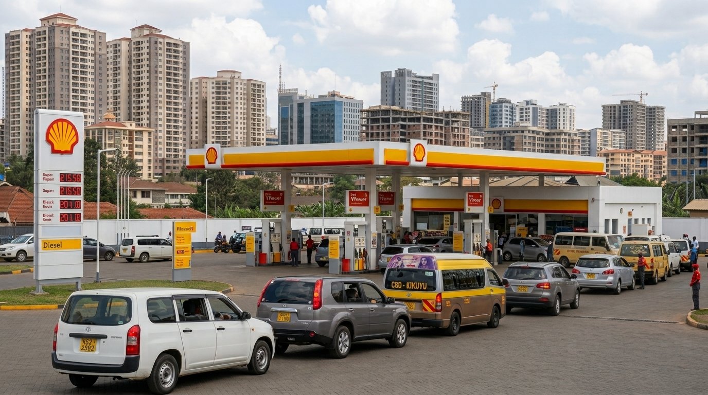 Vehicles and cars lining up to get fuel at a Shell petrol station, illustrating the impact of fuel prices on real estate.