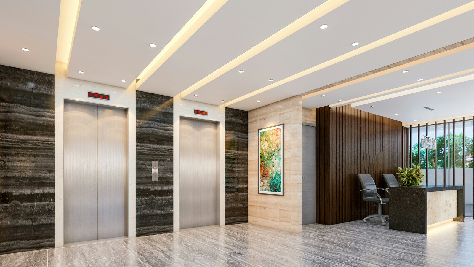 Modern apartment building elevator lobby showing lift access on a residential floor