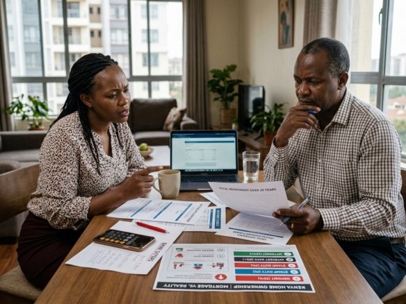 A Kenyan couple reviewing mortgage documents at home