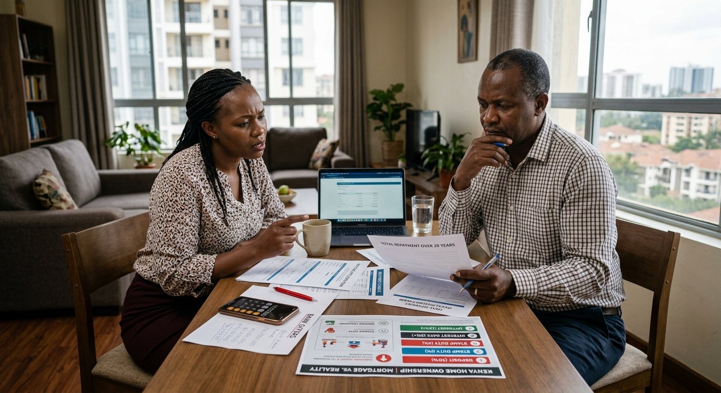 A Kenyan couple reviewing mortgage documents at home