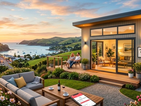 Modern coastal Airbnb home with guests enjoying the patio at sunset