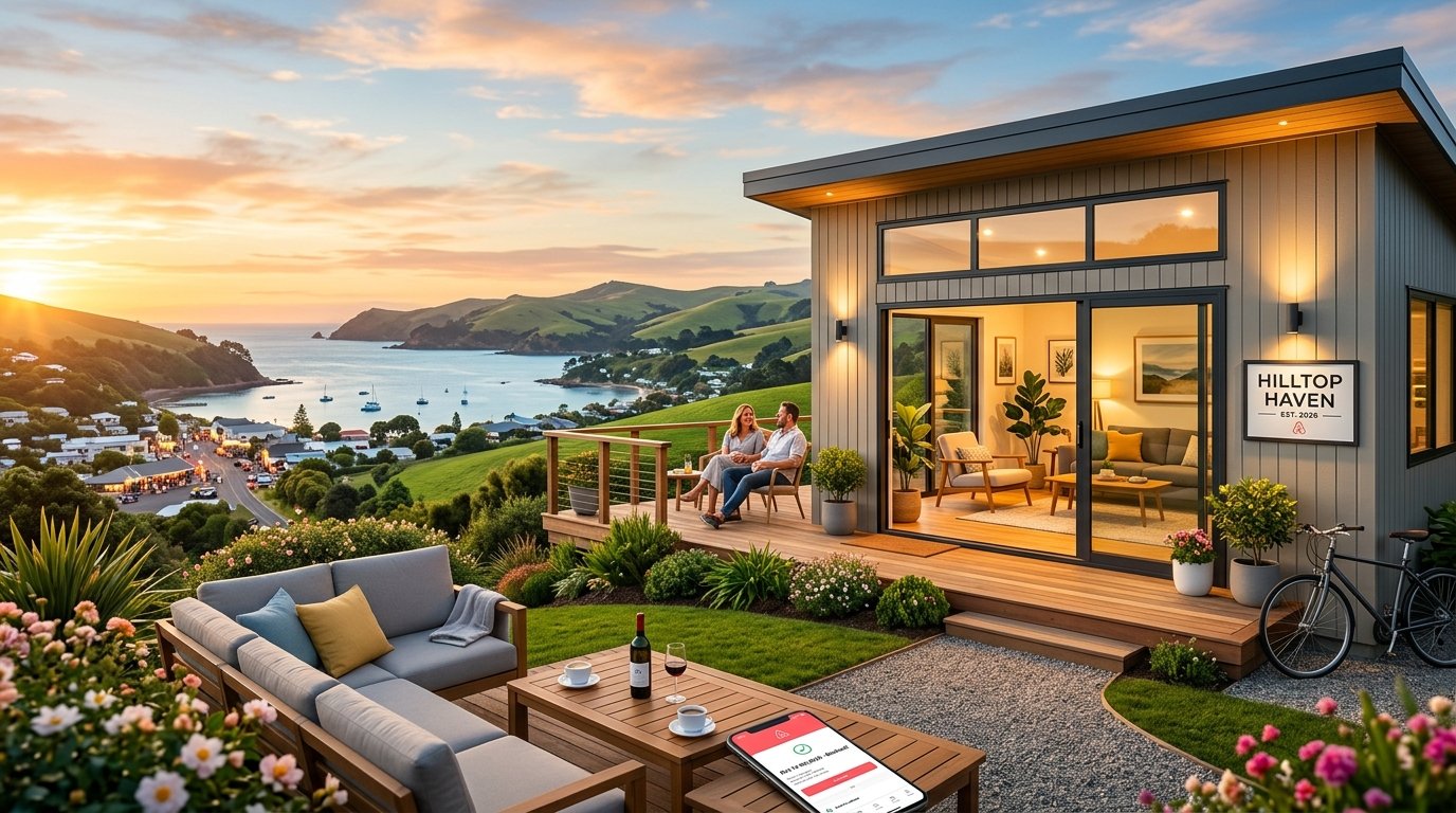 Modern coastal Airbnb home with guests enjoying the patio at sunset