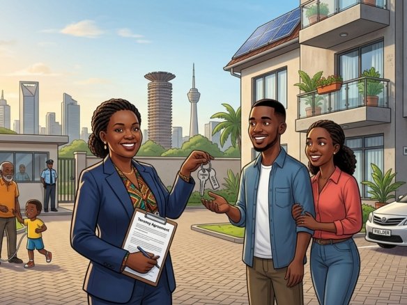 A property owner demonstrates practical landlord tips in Kenya by professionalizing key management and tenant onboarding at a modern Nairobi complex.