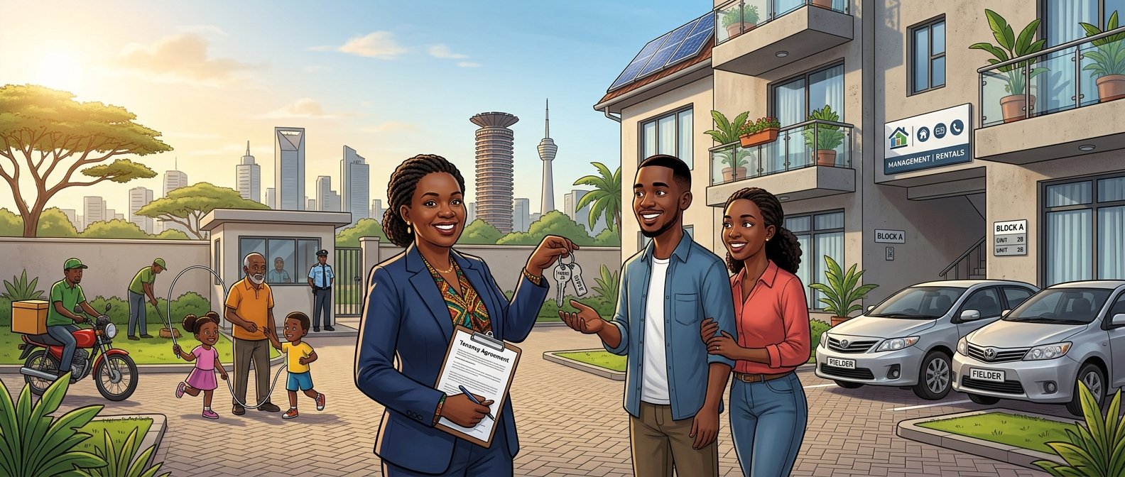 A property owner demonstrates practical landlord tips in Kenya by professionalizing key management and tenant onboarding at a modern Nairobi complex.